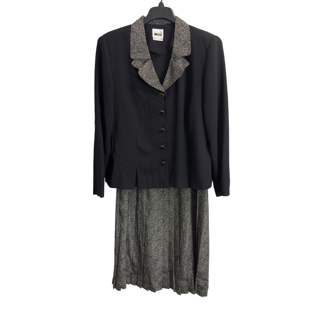 Leslie Fay Womens 18 Black Skirt Suit Set Blazer Pleated Midi Skirt 2pc Vintage